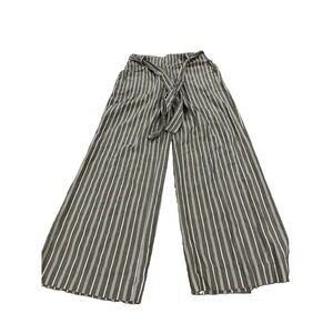 Soundstyle Linen Blend Wide Leg Pants Size M Olive Stripe Tie Waist